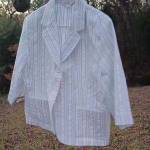 TanJay White Blazer with Blue and Brown Stripes